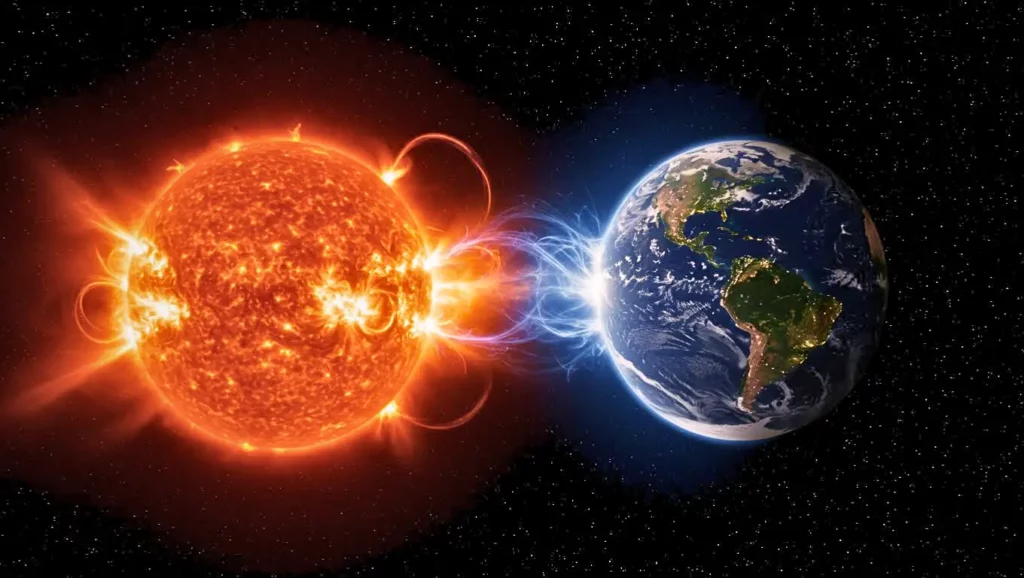 Vue spatiale du Soleil projetant des particules vers la Terre, illustrant l’interaction entre leurs champs magnétiques.