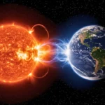 Vue spatiale du Soleil projetant des particules vers la Terre, illustrant l’interaction entre leurs champs magnétiques.