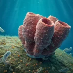 Représentation d’une éponge marine primitive vivant sur le plancher océanique il y a plus de 500 millions d’années.