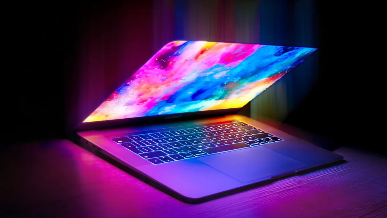 Ordinateur portable Apple MacBook Pro partiellement ouvert avec écran OLED aux couleurs vives.