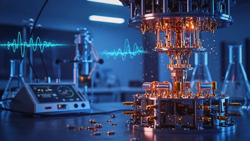Vue d’un dispositif expérimental quantique dans un laboratoire, illustrant les avancées sur l’effet tunnel et les circuits supraconducteurs.