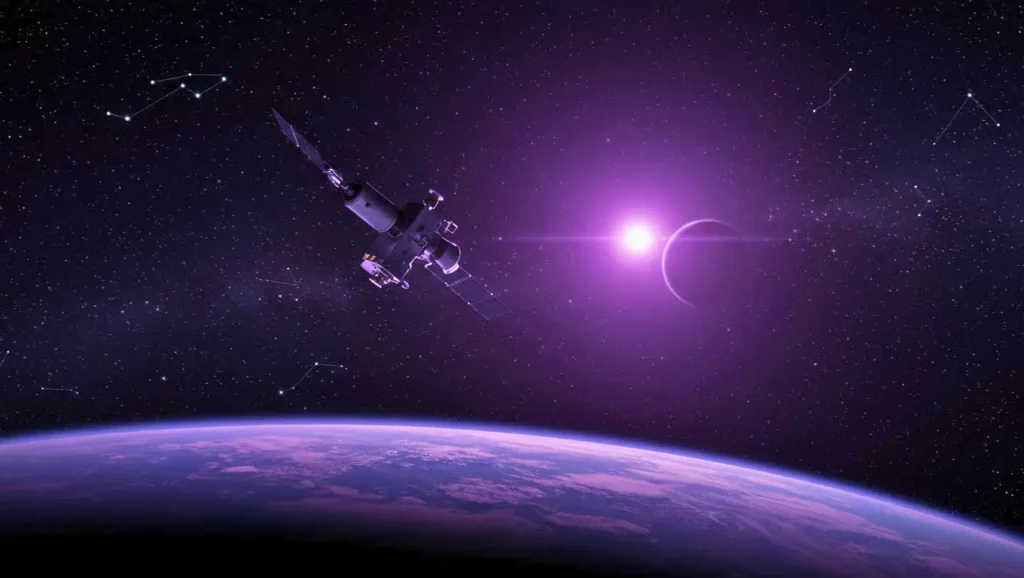Illustration d’un mini télescope spatial en orbite autour de la Terre, observant l’espace profond sous une lumière violette.