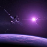 Illustration d’un mini télescope spatial en orbite autour de la Terre, observant l’espace profond sous une lumière violette.