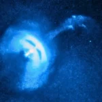 Image du pulsar de Vela émettant des jets de particules bleutés, observé dans l’espace profond.