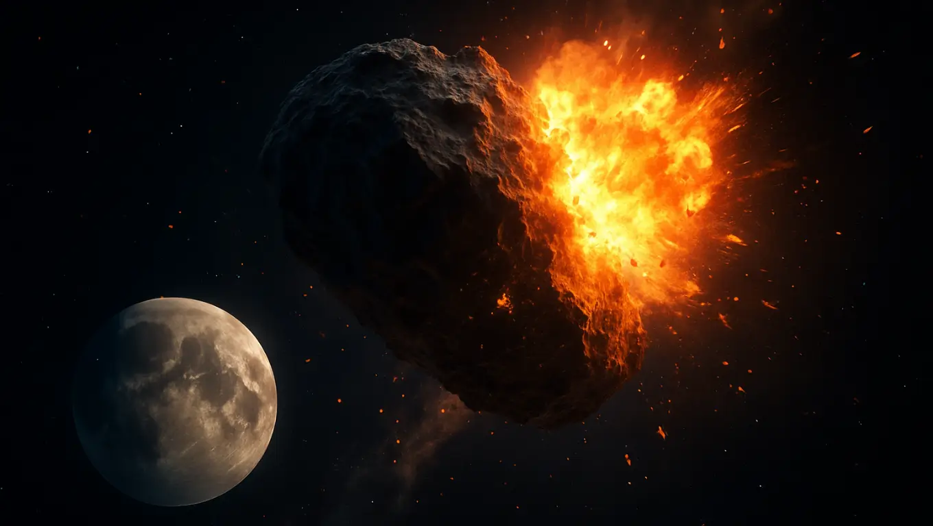 Illustration d’un astéroïde en explosion dans l’espace avec la Lune visible en arrière-plan.