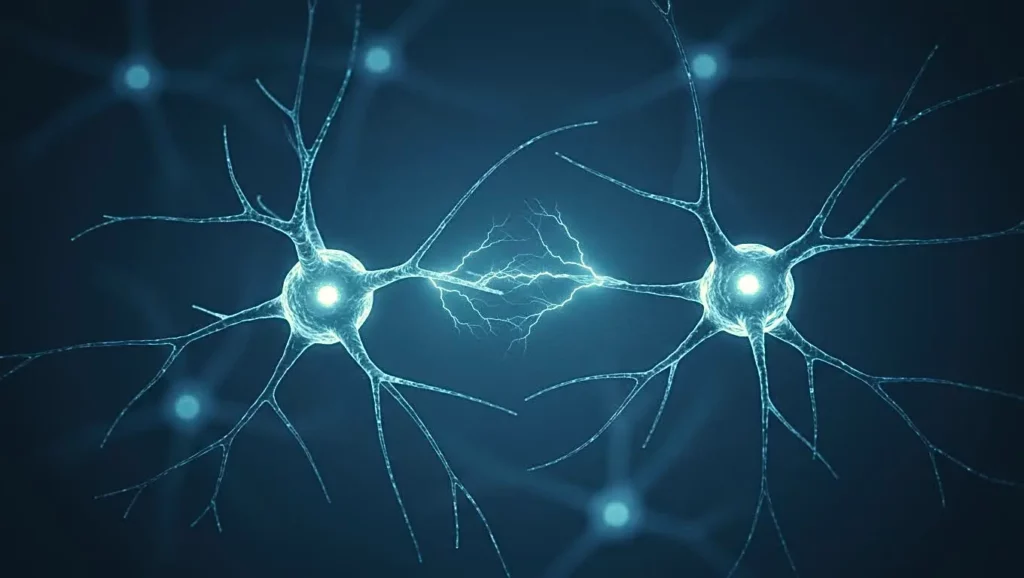 Illustration de neurones connectés par une impulsion électrique symbolisant la communication entre cellules nerveuses.