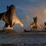 Illustration de drones militaires futuristes alignés sur une base aérienne au lever du soleil, symbolisant l’essor de l’intelligence artificielle dans l’armement.