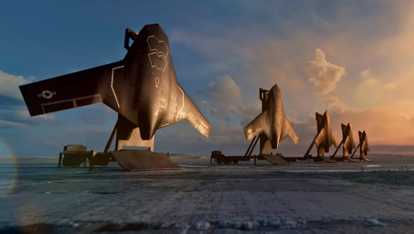 Illustration de drones militaires futuristes alignés sur une base aérienne au lever du soleil, symbolisant l’essor de l’intelligence artificielle dans l’armement.