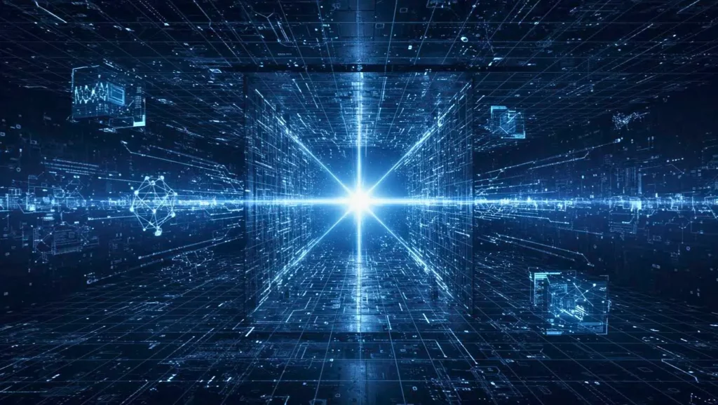 Illustration numérique futuriste représentant un espace de données quantiques avec un point lumineux central, symbole d’une percée technologique majeure.