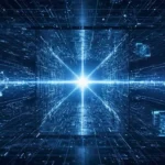 Illustration numérique futuriste représentant un espace de données quantiques avec un point lumineux central, symbole d’une percée technologique majeure.