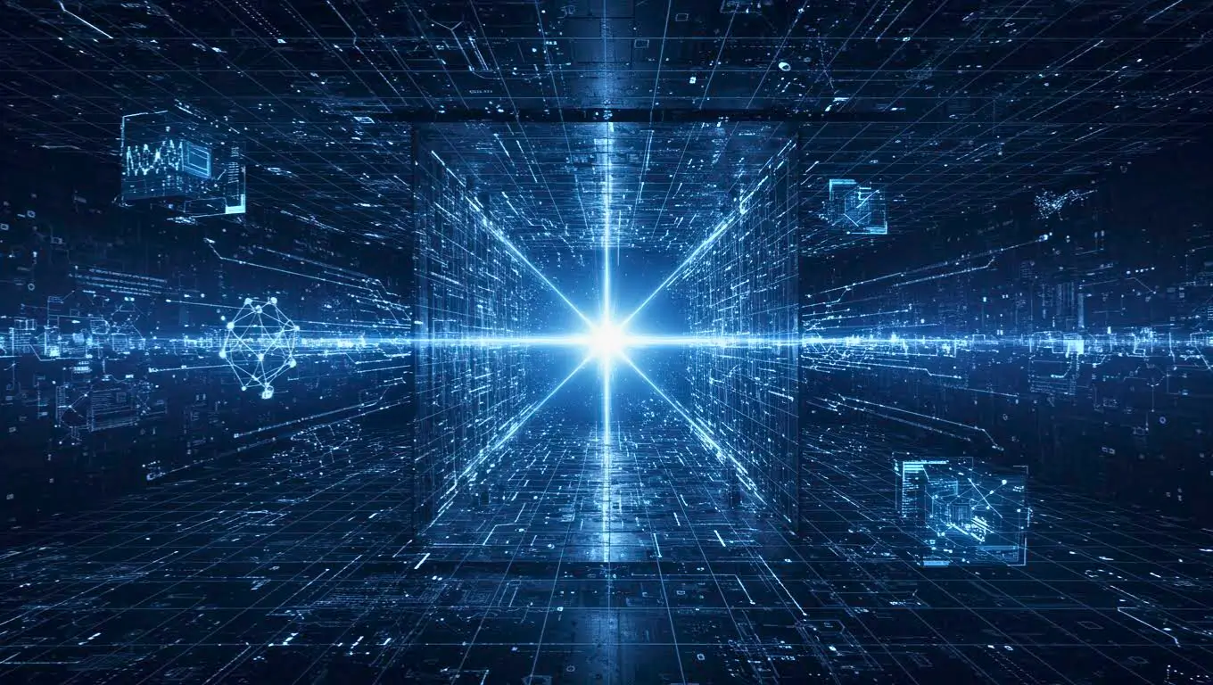 Illustration numérique futuriste représentant un espace de données quantiques avec un point lumineux central, symbole d’une percée technologique majeure.