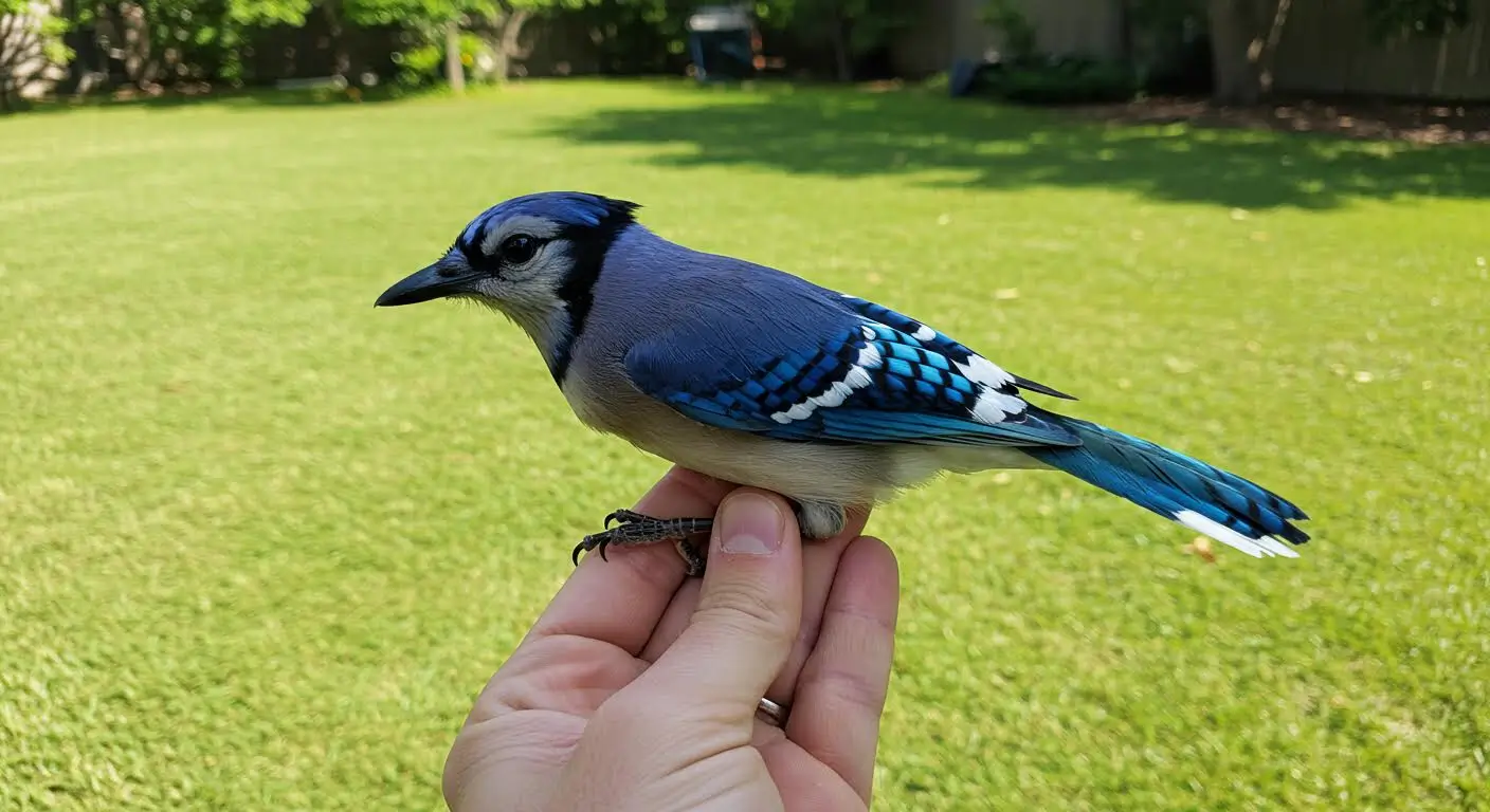 Gros plan sur un oiseau au plumage bleu vif posé sur une main, représentant un spécimen ancien découvert par les chercheurs et daté de 7 millions d’années.