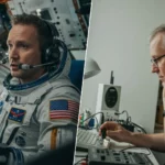 Un astronaute américain en combinaison discute avec un ingénieur au sol via casque audio lors d’une mission de la NASA impliquant des citoyens.