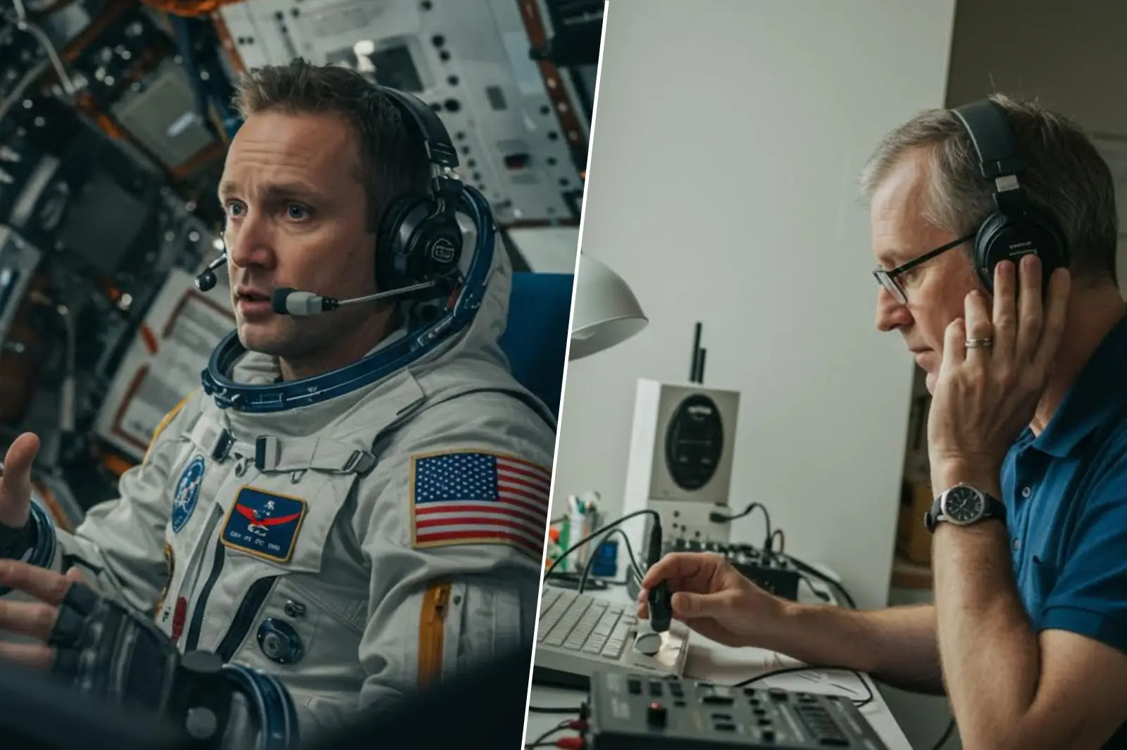 Un astronaute américain en combinaison discute avec un ingénieur au sol via casque audio lors d’une mission de la NASA impliquant des citoyens.