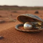 Perle ancienne incrustée dans une coquille fossilisée, reposant sur le sable rouge d’un désert aride.