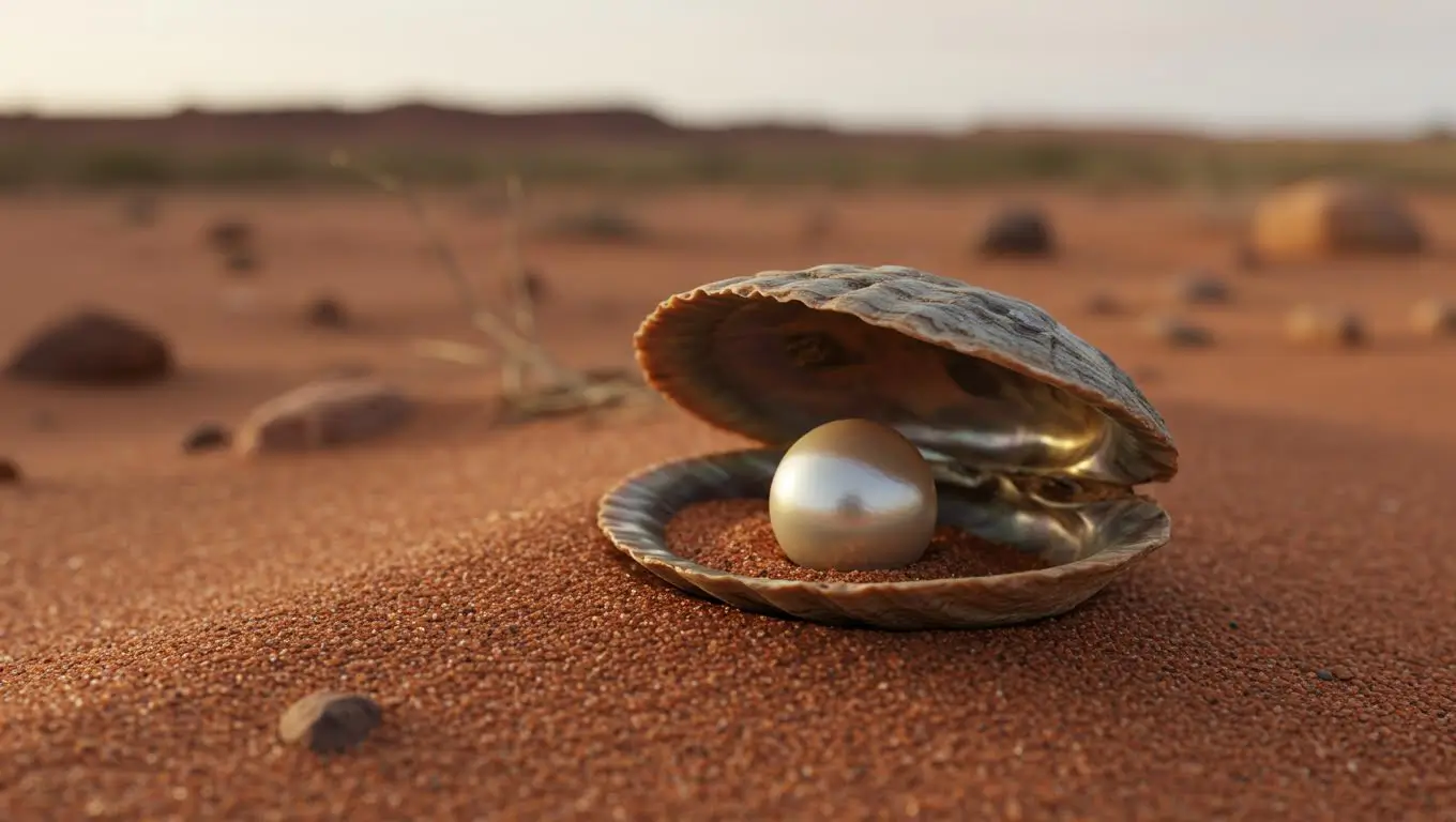 Perle ancienne incrustée dans une coquille fossilisée, reposant sur le sable rouge d’un désert aride.