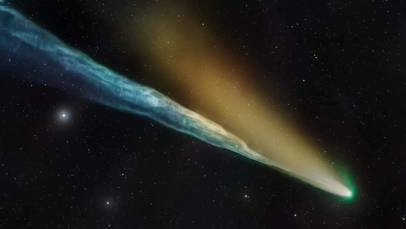 Image de la comète Lemmon traversant le ciel étoilé, avec une longue traînée bleutée et dorée visible dans l’espace.