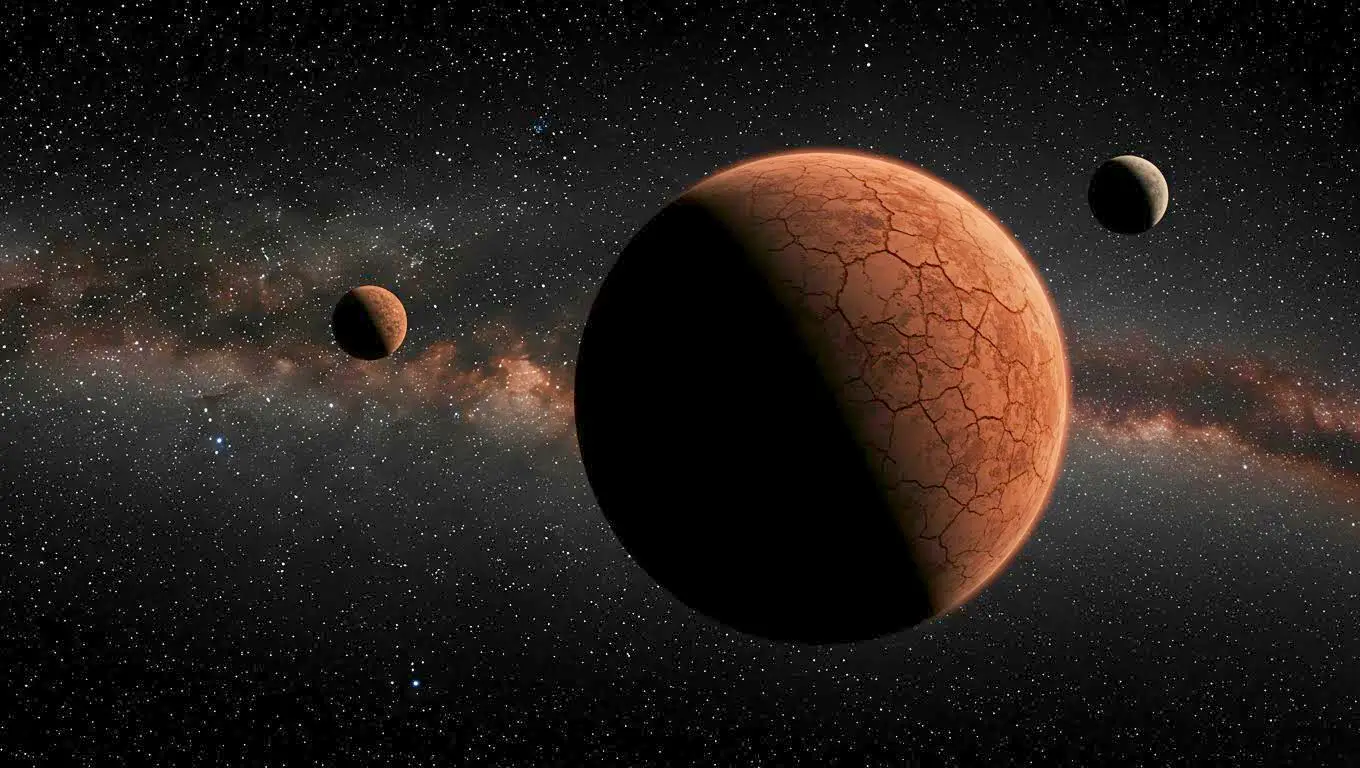 Illustration d’une planète vagabonde en croissance rapide, entourée de poussière cosmique dans l’espace profond.