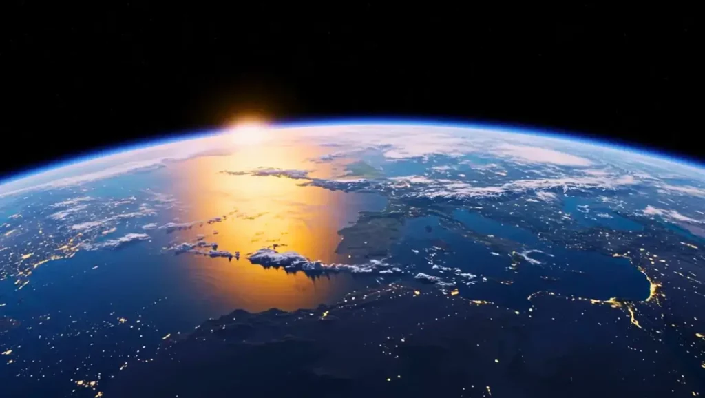 Vue de la Terre depuis l’espace au lever du soleil, illustrant la découverte d’une exoplanète similaire à notre planète.