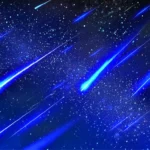 Pluie d’étoiles filantes bleutées traversant le ciel nocturne, inspirée de la comète de Halley.