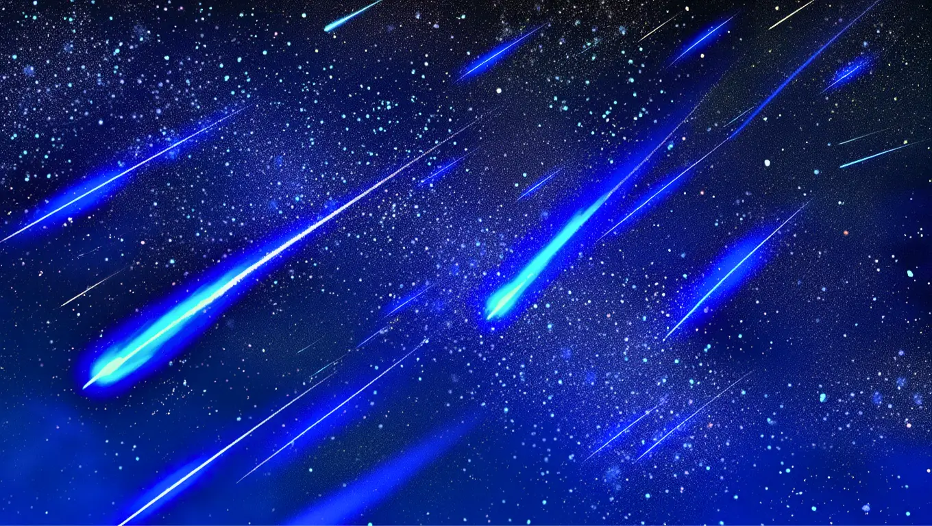 Pluie d’étoiles filantes bleutées traversant le ciel nocturne, inspirée de la comète de Halley.