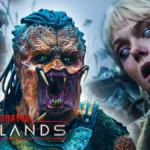 Créature Predator rugissante face à une femme aux yeux blancs dans un décor apocalyptique — affiche du film Predator: Badlands.