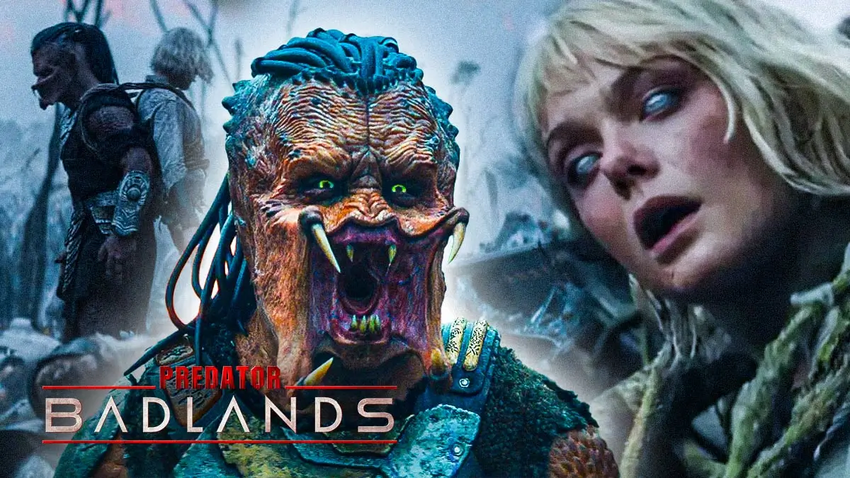 Créature Predator rugissante face à une femme aux yeux blancs dans un décor apocalyptique — affiche du film Predator: Badlands.