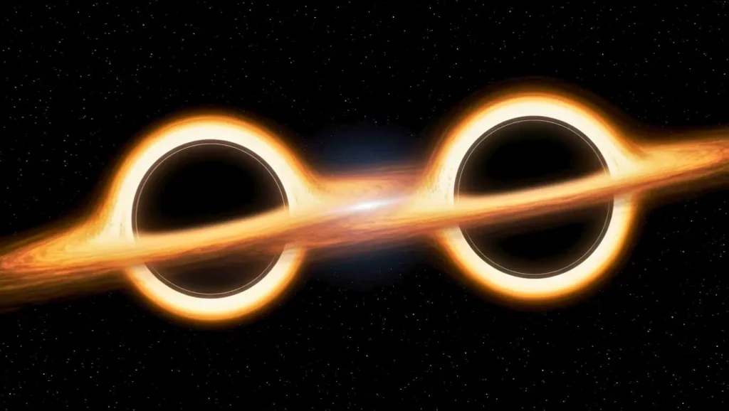 Illustration de deux trous noirs géants en train de fusionner, entourés de disques lumineux de matière dans l’espace profond.