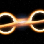 Illustration de deux trous noirs géants en train de fusionner, entourés de disques lumineux de matière dans l’espace profond.