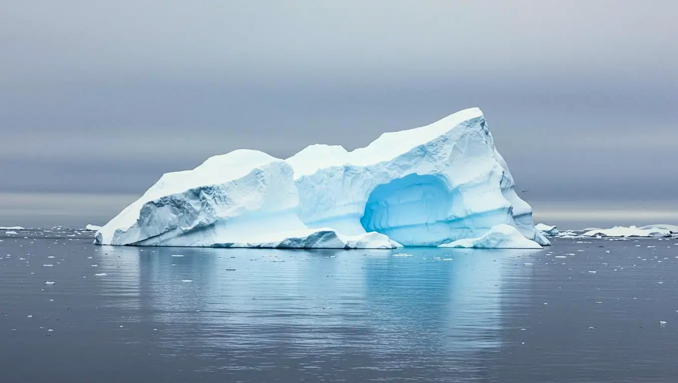 Iceberg isolé flottant dans l’océan glacial Antarctique, symbole de la fonte des glaces et du dérèglement climatique mondial.