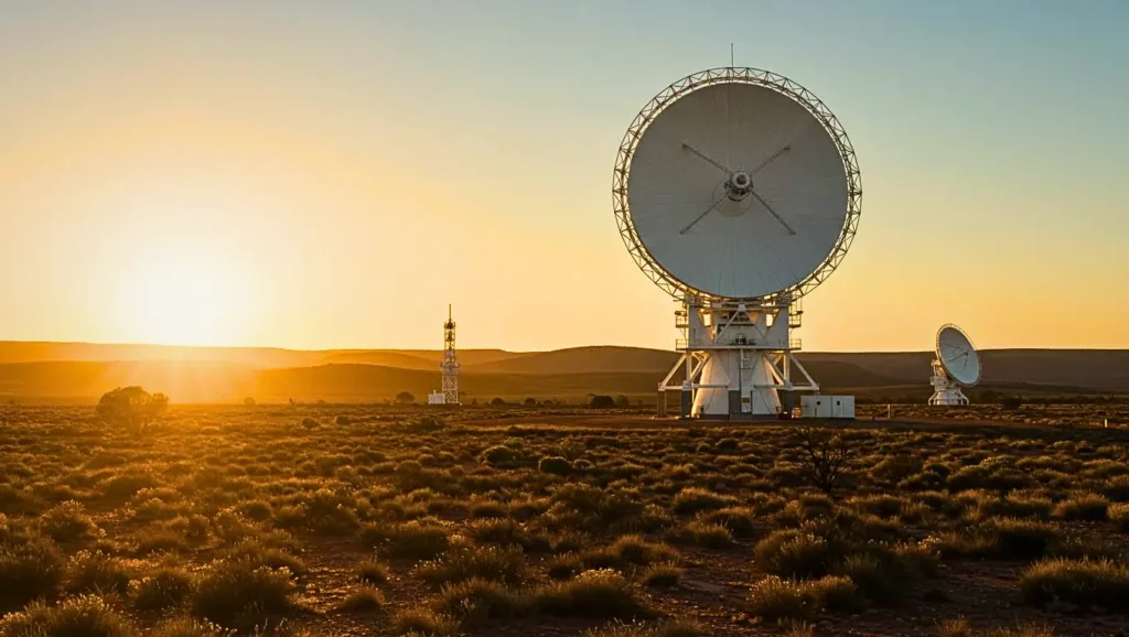 Radiotélescopes géants orientés vers le ciel au coucher du soleil dans un paysage désertique, symbolisant une avancée technologique européenne majeure.