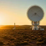 Radiotélescopes géants orientés vers le ciel au coucher du soleil dans un paysage désertique, symbolisant une avancée technologique européenne majeure.