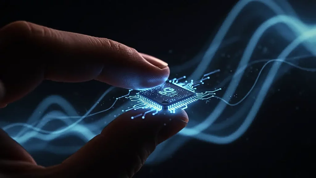 Gros plan sur une main tenant une puce électronique lumineuse symbolisant la 6G, entourée d’ondes bleutées.