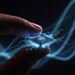 Gros plan sur une main tenant une puce électronique lumineuse symbolisant la 6G, entourée d’ondes bleutées.