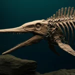 Fossile complet d’un reptile marin jurassique à longue mâchoire et corps profilé, combinant des traits de dauphin, de thon et d’espadon, exposé sous l’eau.