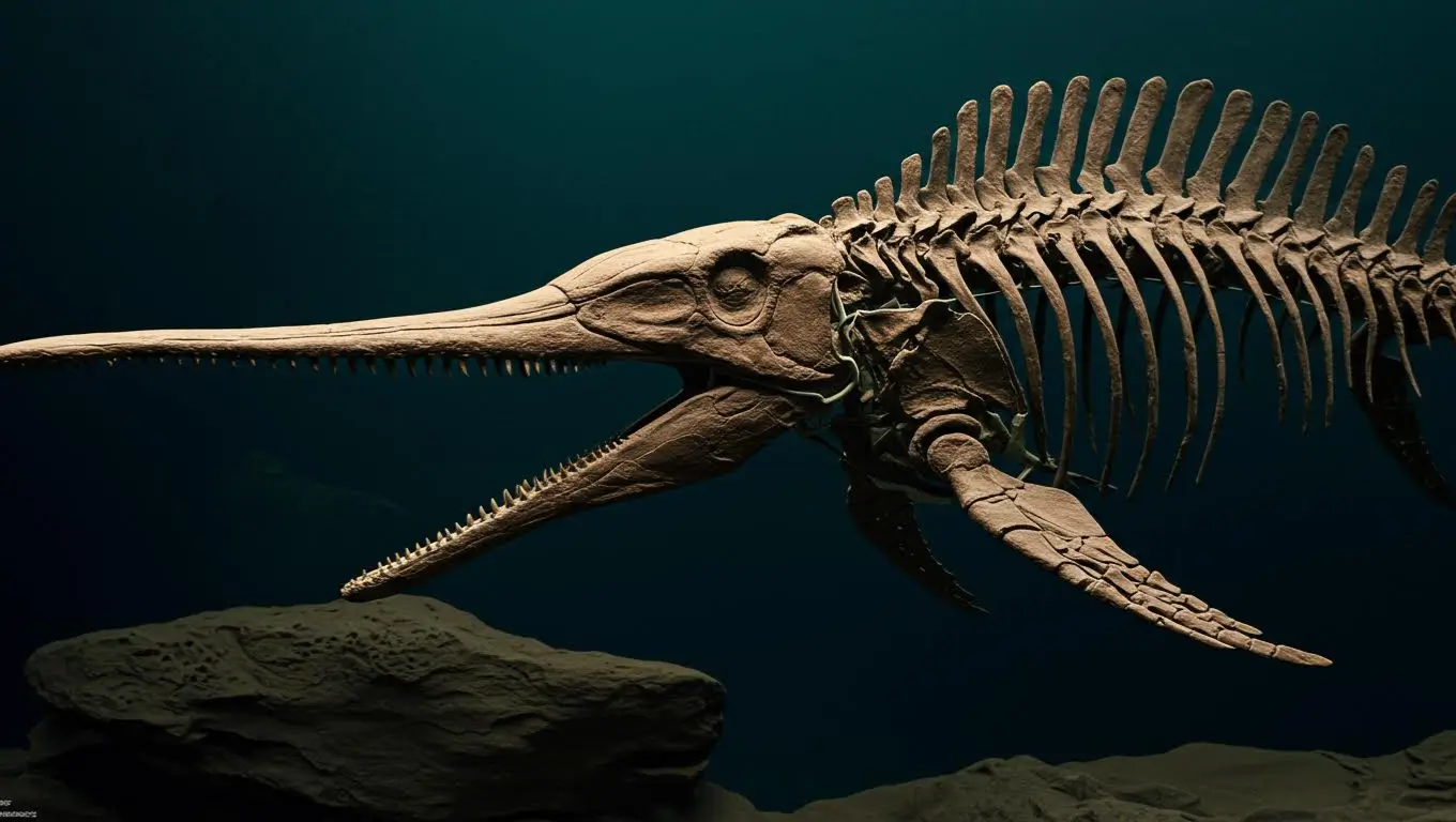 Fossile complet d’un reptile marin jurassique à longue mâchoire et corps profilé, combinant des traits de dauphin, de thon et d’espadon, exposé sous l’eau.