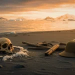Crâne humain posé sur une plage glacée d’Antarctique au coucher du soleil, entouré de morceaux de bois et d’un casque d’explorateur.