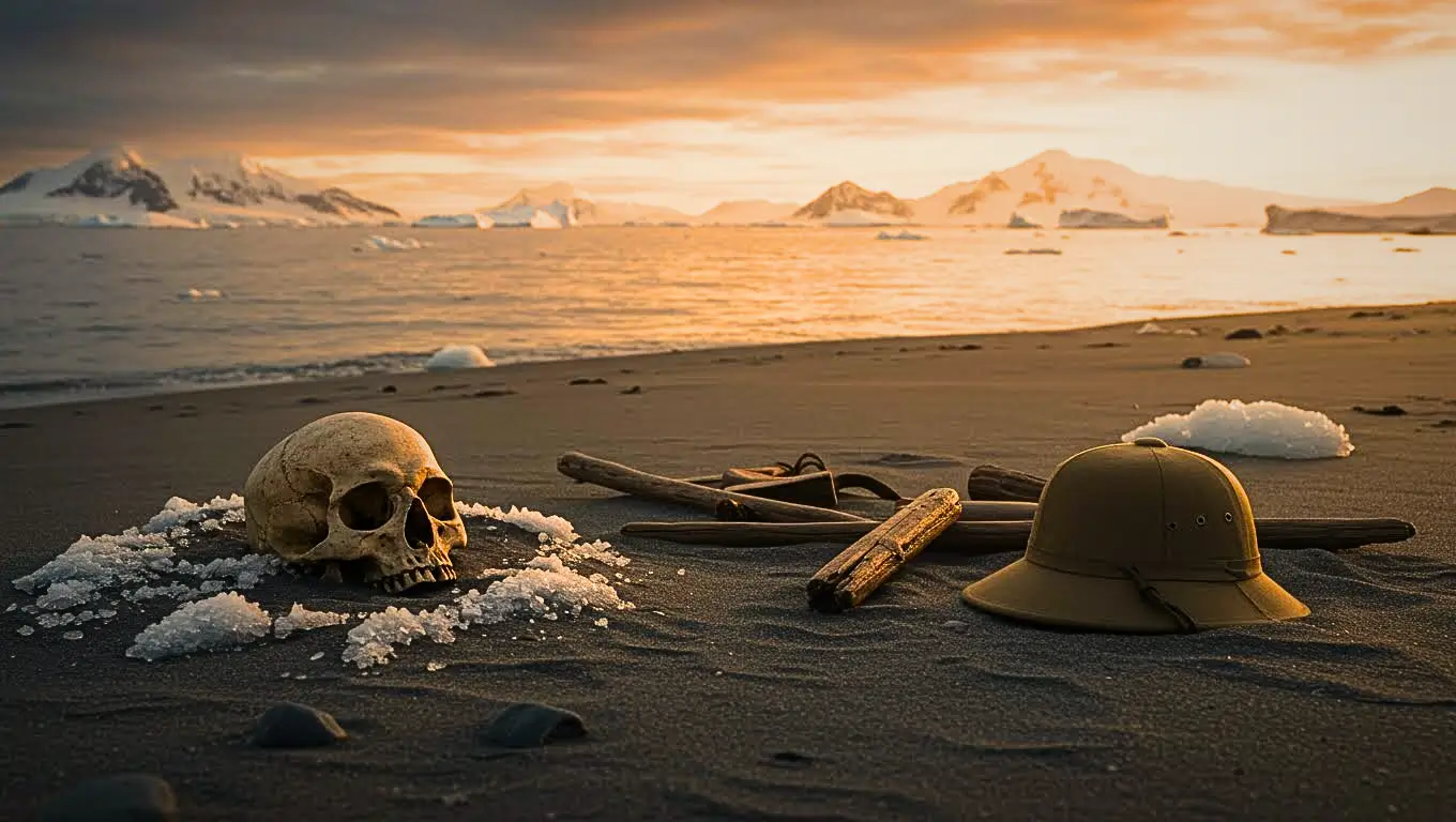 Crâne humain posé sur une plage glacée d’Antarctique au coucher du soleil, entouré de morceaux de bois et d’un casque d’explorateur.