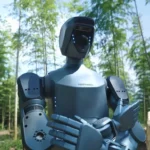 Robot humanoïde moderne en plein air, conçu par une entreprise chinoise, avec des capteurs sur le visage et des bras articulés, entouré d’une forêt de bambous.