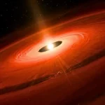 Vue artistique d’un disque protoplanétaire incandescent observé par le télescope James Webb, montrant la formation d’une lune autour d’une jeune étoile.