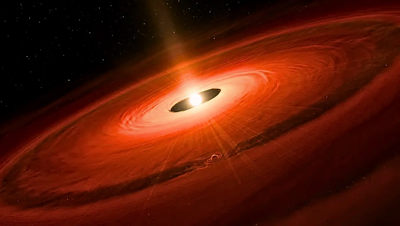 Vue artistique d’un disque protoplanétaire incandescent observé par le télescope James Webb, montrant la formation d’une lune autour d’une jeune étoile.