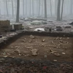 Site archéologique en forêt avec une fouille révélant des ossements anciens disposés dans une fosse, entourée de matériel de chercheurs.