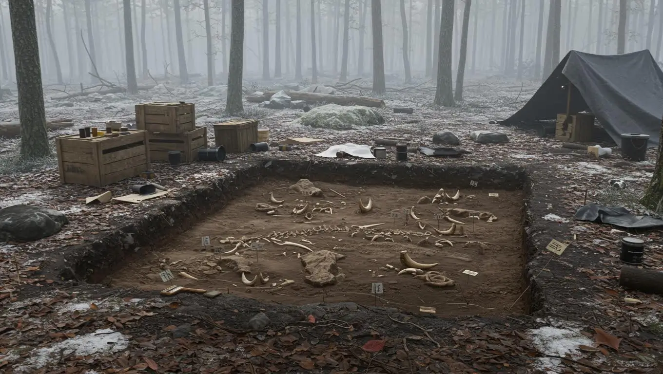 Site archéologique en forêt avec une fouille révélant des ossements anciens disposés dans une fosse, entourée de matériel de chercheurs.