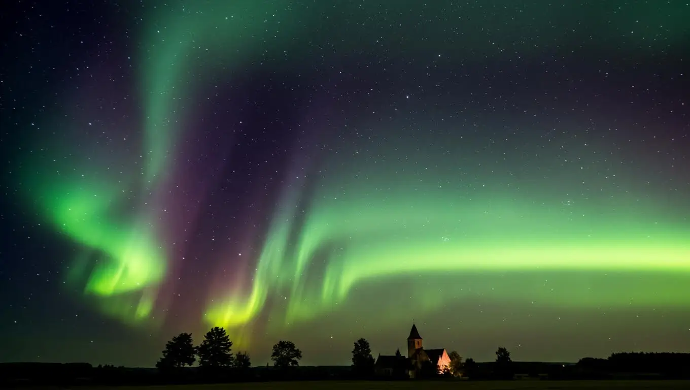 Aurores boréales vertes et violettes illuminant un ciel étoilé au-dessus d’une église et d’une forêt, lors d’un rare phénomène visible en France.