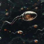 Illustration futuriste de robots spermatozoïdes dotés de circuits électroniques, symbolisant une avancée scientifique dans la fertilité assistée.