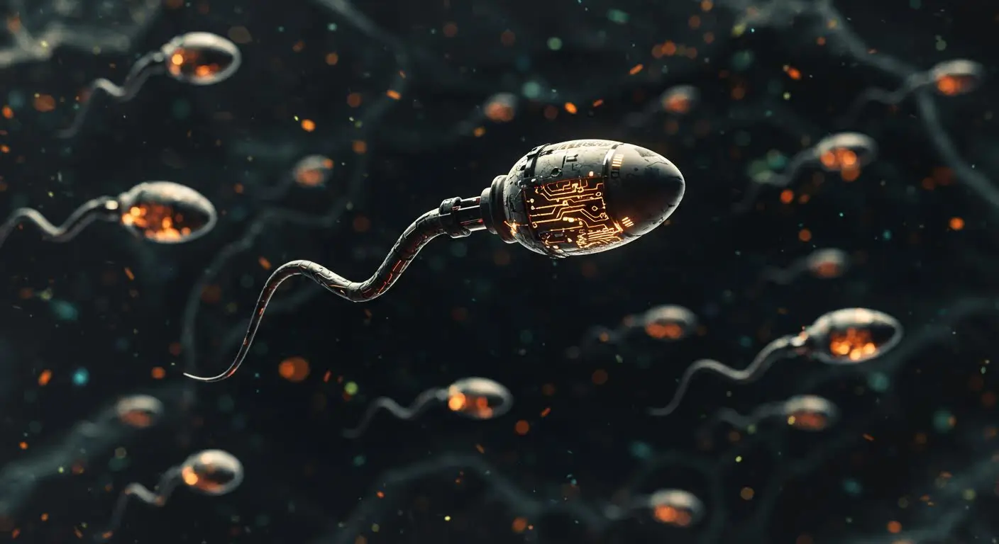 Illustration futuriste de robots spermatozoïdes dotés de circuits électroniques, symbolisant une avancée scientifique dans la fertilité assistée.