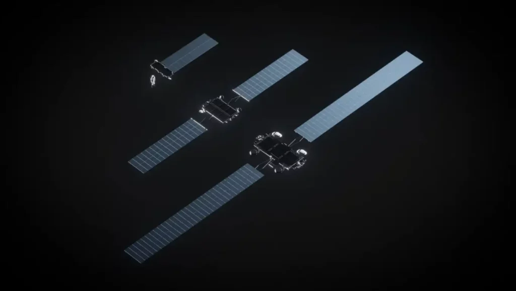Satellites Starlink V3 de SpaceX déployés en orbite avec leurs panneaux solaires.