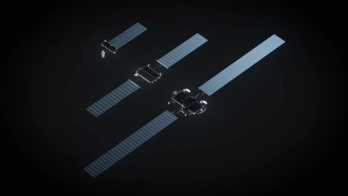 Satellites Starlink V3 de SpaceX déployés en orbite avec leurs panneaux solaires.
