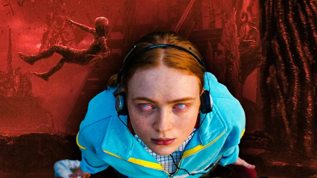 Jeune fille portant un casque audio, plongée dans l’univers sombre et surnaturel du Monde à l’Envers de Stranger Things.