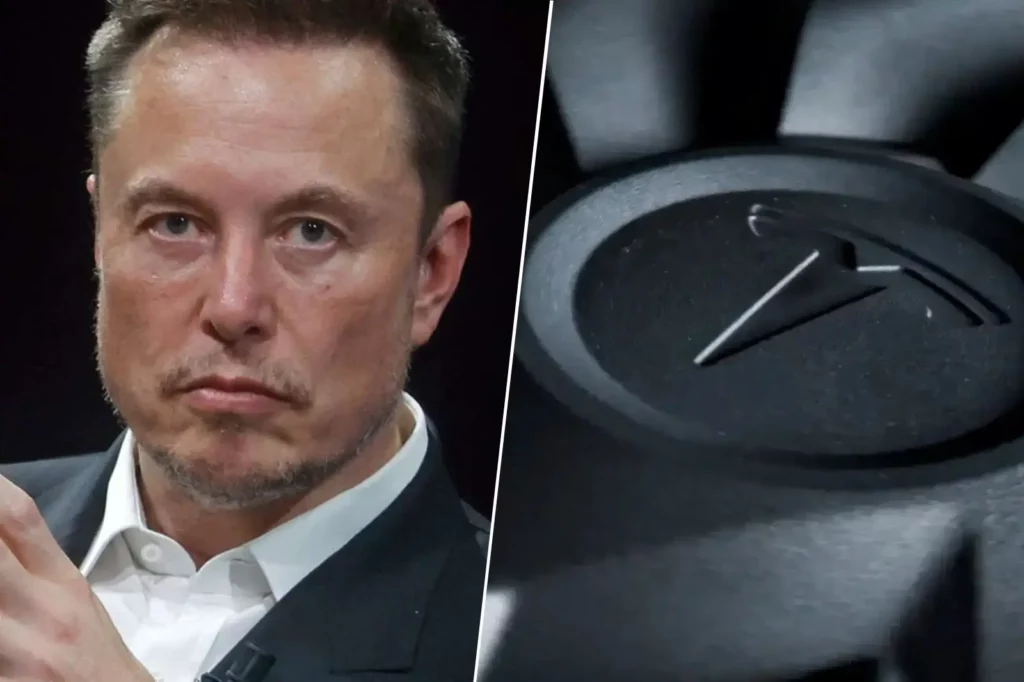 Portrait sérieux d’Elon Musk à côté du logo Tesla sur fond sombre, symbolisant un teaser énigmatique du constructeur.